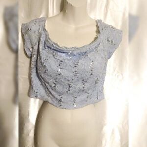 B.Darlin Baby Blue Cropped Sequin Short Sleeve  Lace Floral Zip Crop Top L